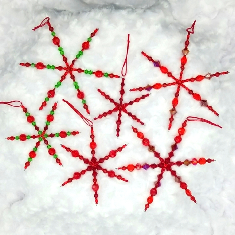 6 Hand Crafted Handmade Beaded Red & Green Snowflake Ornaments